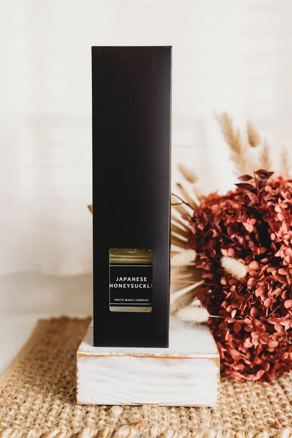 A black reed diffuser box with a white box 