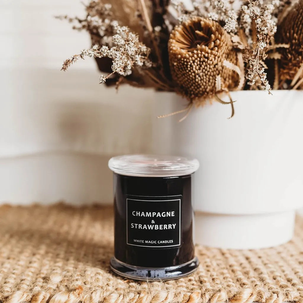 Champagne & Strawberry organicsoy candle by White Magic Candles, perfect for those looking to buy wax melts